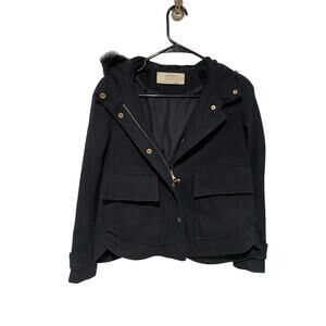 Zara Basic crop pea coat navy faux fur hood small